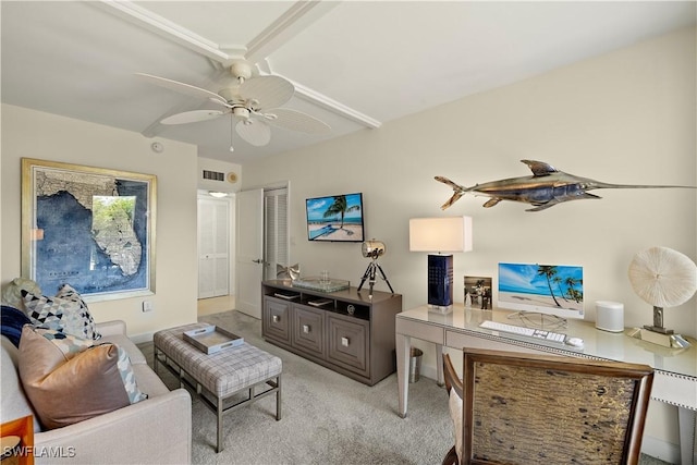 4031 Gulf Shore Blvd N Unit 3E, Naples, FL 34103 - living area featuring visible vents, ceiling fan, light colored carpet, and baseboards