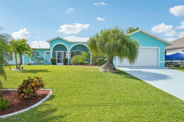 ranch-style home with stucco siding, concrete driveway, a garage, and a front lawn