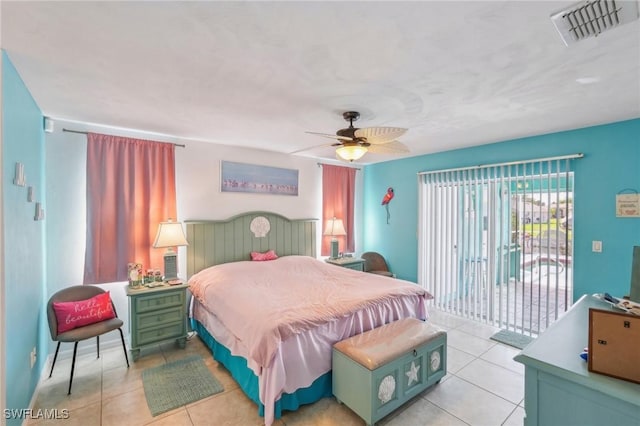 bedroom featuring visible vents, ceiling fan, access to outside, and light tile patterned flooring