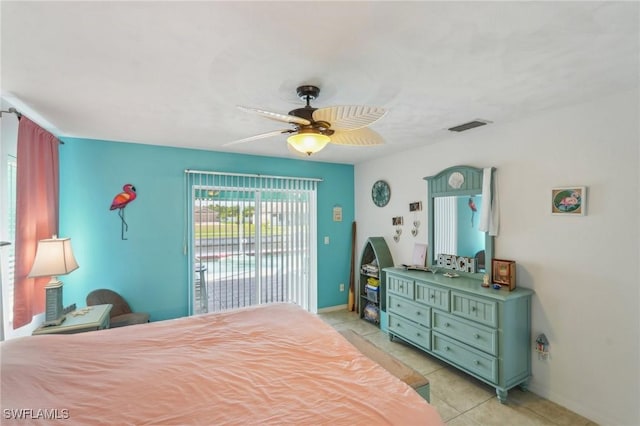 bedroom featuring access to outside, baseboards, light tile patterned floors, a ceiling fan, and visible vents