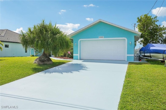 view of front of house with an attached garage, driveway, a front yard, and stucco siding