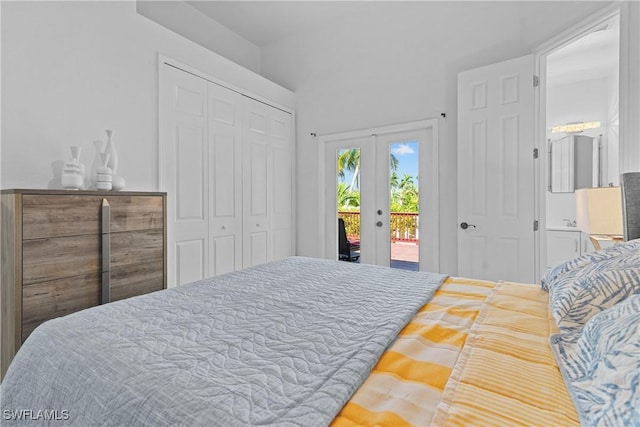bedroom with french doors, access to outside, and a closet