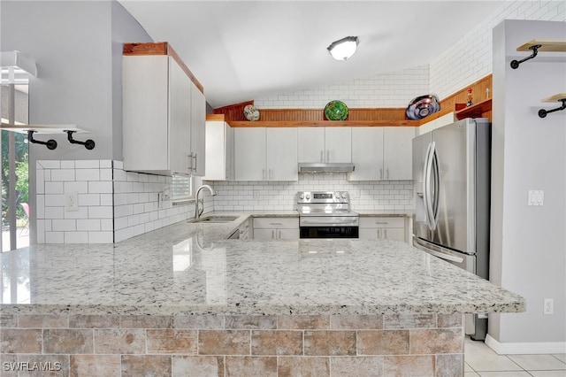 kitchen with a peninsula, appliances with stainless steel finishes, under cabinet range hood, a sink, and backsplash