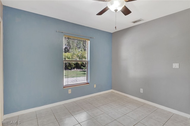 unfurnished room featuring visible vents, baseboards, and a ceiling fan