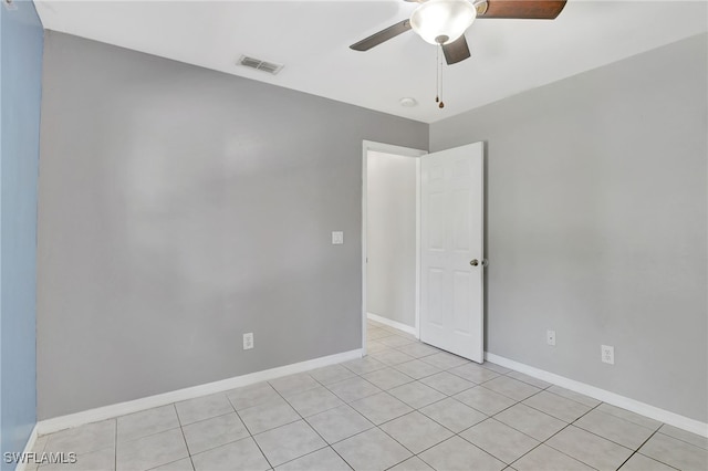 empty room featuring visible vents, baseboards, and a ceiling fan