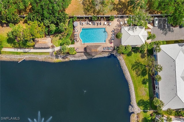 bird's eye view with a water view