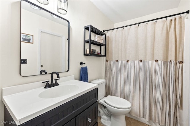 full bathroom with vanity, toilet, and a shower with shower curtain