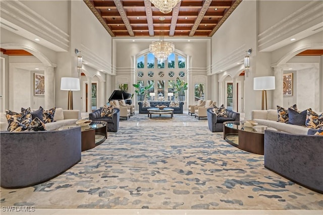 8787 Bay Colony Dr Unit 803, Naples, FL 34108 - community lobby featuring a high ceiling, wood ceiling, beamed ceiling, and recessed lighting