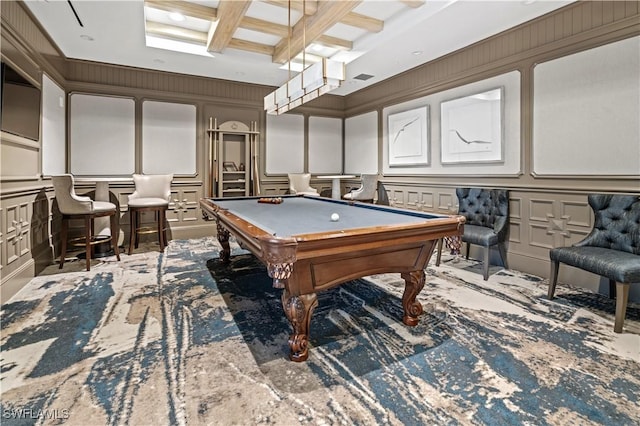 8787 Bay Colony Dr Unit 803, Naples, FL 34108 - rec room featuring a decorative wall, coffered ceiling, billiards, beam ceiling, and carpet flooring
