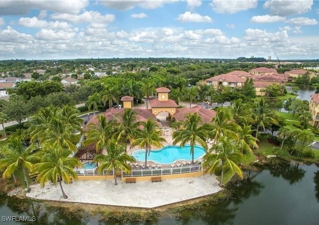 aerial view featuring a water view