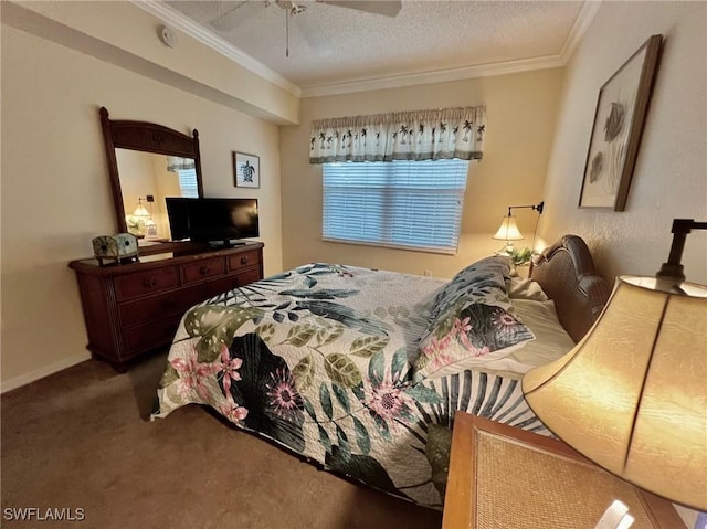 carpeted bedroom with ornamental molding, ceiling fan, and a textured ceiling