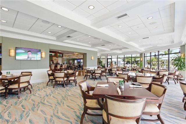 26036 Clarkston Dr, Bonita Springs, FL 34135 - dining area featuring coffered ceiling, ornamental molding, recessed lighting, carpet, and beamed ceiling