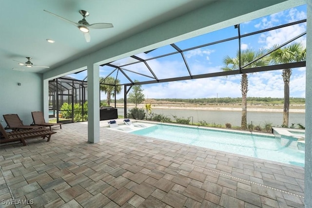 4151 Traditions Dr, Ave Maria, FL 34142 - outdoor pool featuring a water view, a patio, a lanai, and a ceiling fan