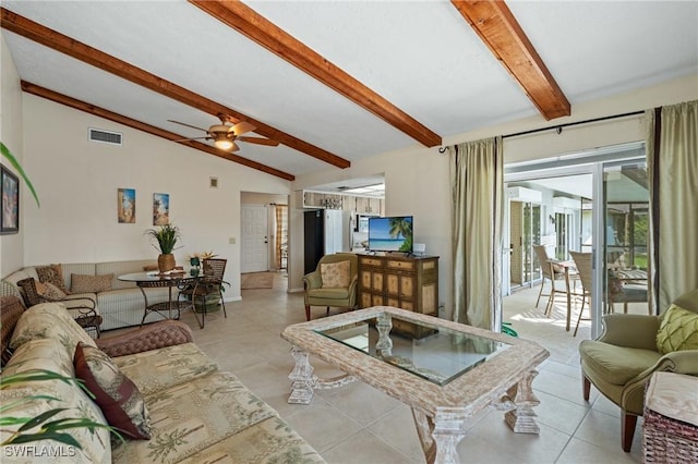 2209 SE 10th Ave, Cape Coral, FL 33990 - living room featuring light tile patterned floors, visible vents, a ceiling fan, and lofted ceiling with beams