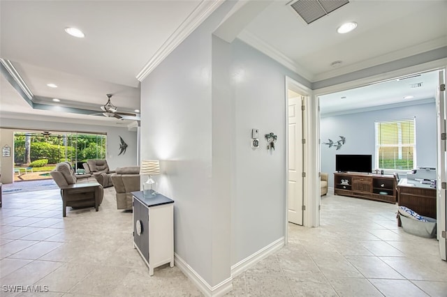 12740 Seaside Key Ct, North Fort Myers, FL 33903 - corridor featuring crown molding, recessed lighting, and light tile patterned floors