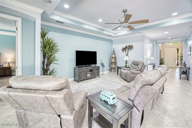 12740 Seaside Key Ct, North Fort Myers, FL 33903 - living room with a ceiling fan, crown molding, recessed lighting, and a tray ceiling