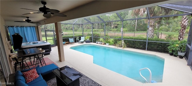 3268 Aralia Ct E, Alva, FL 33920 - view of pool featuring a patio area, a lanai, a hot tub, and a ceiling fan