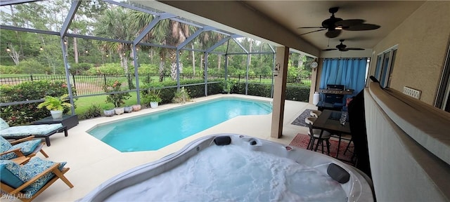 3268 Aralia Ct E, Alva, FL 33920 - view of swimming pool featuring a patio, a fenced backyard, ceiling fan, and a jacuzzi