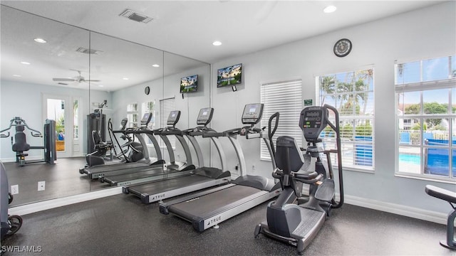 exercise room featuring a wealth of natural light, visible vents, and recessed lighting