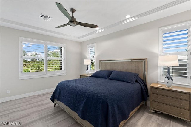 641 Diplomat Ct, Marco Island, FL 34145 - bedroom with visible vents, baseboards, a ceiling fan, and light wood-style floors