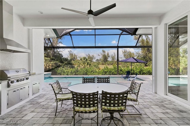 641 Diplomat Ct, Marco Island, FL 34145 - view of patio featuring an outdoor kitchen, a grill, a ceiling fan, and glass enclosure