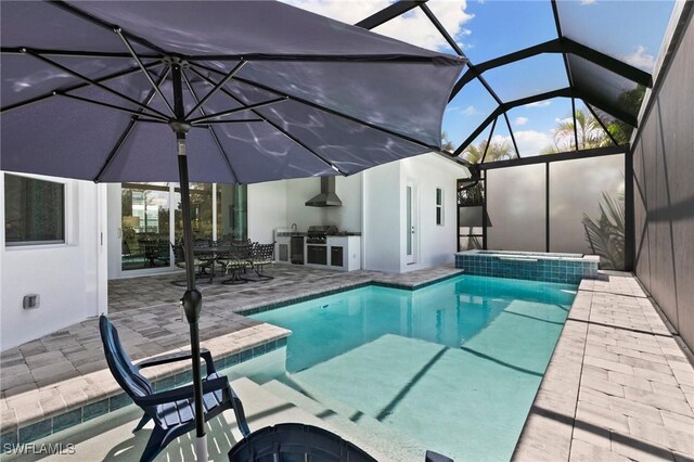 641 Diplomat Ct, Marco Island, FL 34145 - view of swimming pool with a patio, a pool with connected hot tub, a lanai, and area for grilling