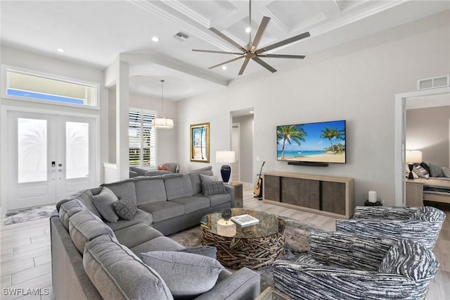 641 Diplomat Ct, Marco Island, FL 34145 - living room with recessed lighting, visible vents, wood finished floors, and coffered ceiling