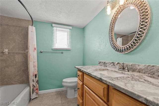 full bathroom with a textured ceiling, tile patterned floors, toilet, vanity, and shower / tub combo