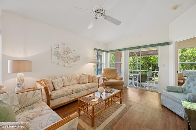 20902 Blacksmith Frg, Estero, FL 33928 - living room featuring wood finished floors, ceiling fan, and high vaulted ceiling