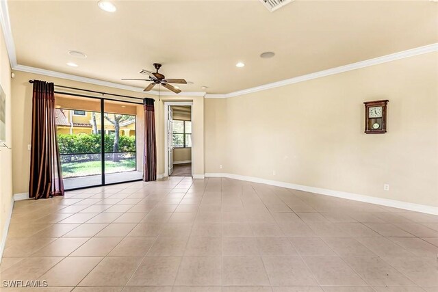 9190 Water Tupelo Rd, Fort Myers, FL 33912 - spare room featuring crown molding, a ceiling fan, light tile patterned flooring, and recessed lighting