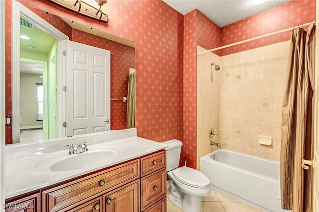 9190 Water Tupelo Rd, Fort Myers, FL 33912 - full bathroom with visible vents, vanity, tile patterned floors, toilet, and shower / bathtub combination with curtain