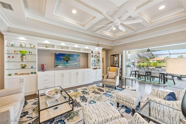 living room featuring visible vents, a ceiling fan, crown molding, wood finished floors, and coffered ceiling