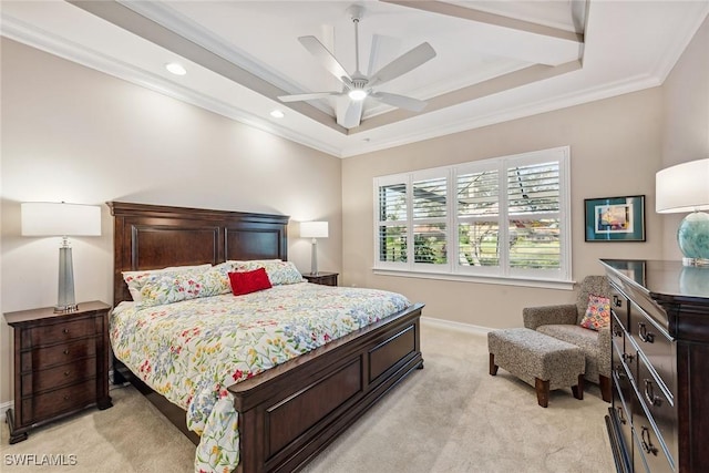 bedroom featuring a tray ceiling, crown molding, and light colored carpet
