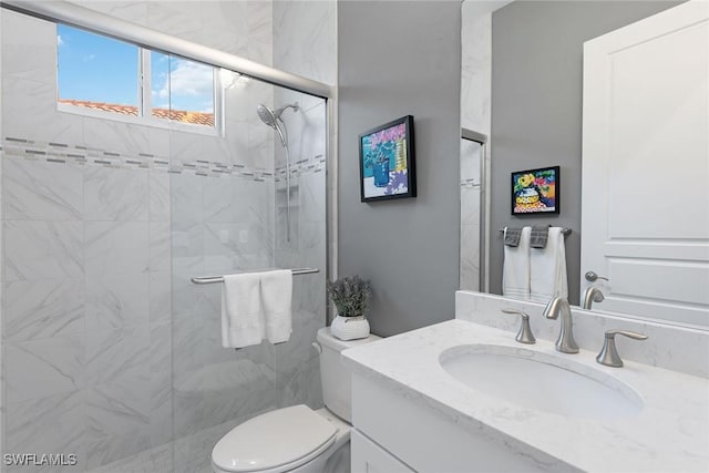 bathroom featuring toilet, a stall shower, and vanity