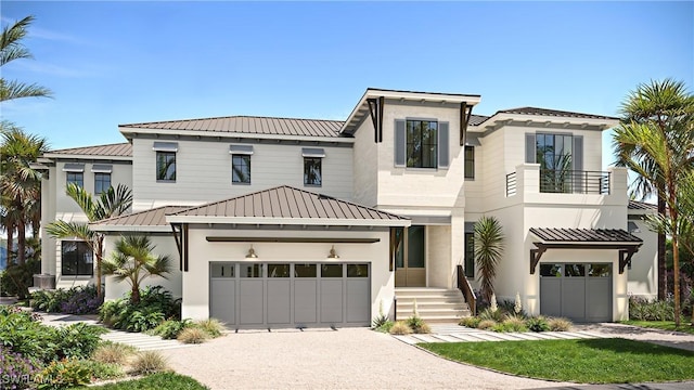 983 Sundrop Ct, Marco Island, FL 34104 - view of front facade featuring a balcony, stucco siding, driveway, metal roof, and a standing seam roof