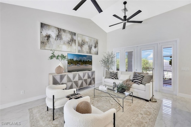 27080 Flamingo Dr, Bonita Springs, FL 34135 - living area with visible vents, marble finish floor, a ceiling fan, baseboards, and vaulted ceiling