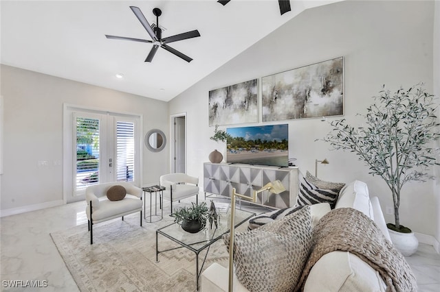 27080 Flamingo Dr, Bonita Springs, FL 34135 - living room with marble finish floor, lofted ceiling, baseboards, ceiling fan, and french doors