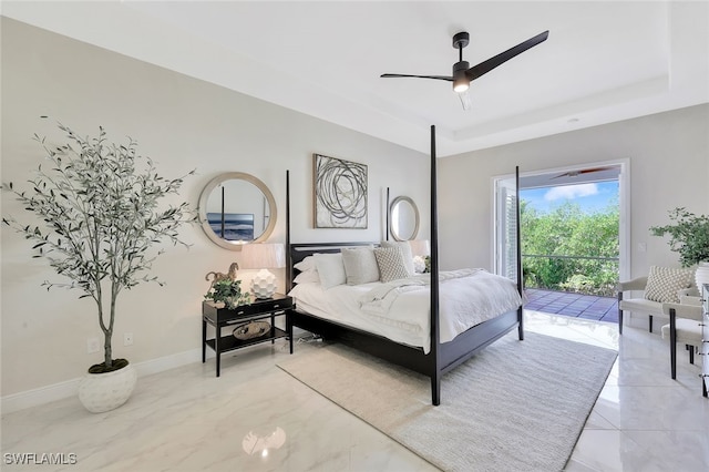 27080 Flamingo Dr, Bonita Springs, FL 34135 - bedroom with baseboards, access to exterior, ceiling fan, and a raised ceiling