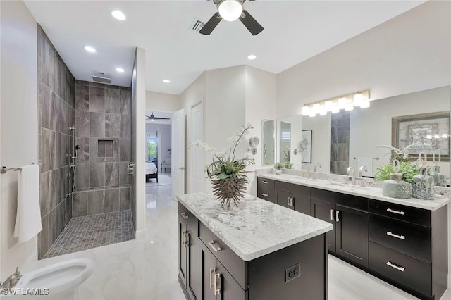 27080 Flamingo Dr, Bonita Springs, FL 34135 - full bath with a ceiling fan, visible vents, a tile shower, and recessed lighting