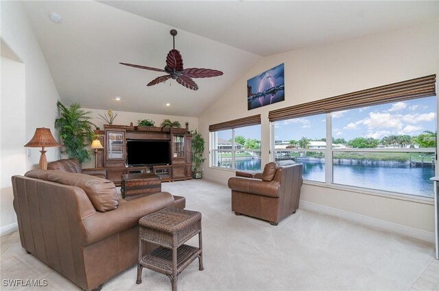 5131 SW 19th Ave, Cape Coral, FL 33914 - living area with high vaulted ceiling, ceiling fan, baseboards, and recessed lighting