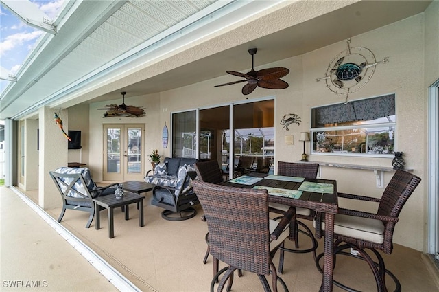 5131 SW 19th Ave, Cape Coral, FL 33914 - view of patio / terrace featuring outdoor dining space, french doors, a ceiling fan, and outdoor lounge area
