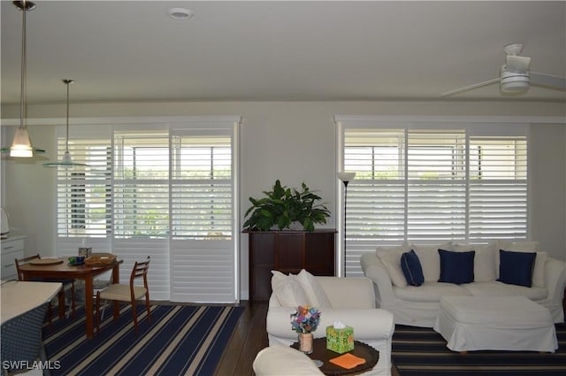 living room with a ceiling fan and a healthy amount of sunlight