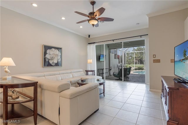 8815 Naples Heritage Dr Unit D9, Naples, FL 34112 - living room featuring baseboards, recessed lighting, crown molding, a ceiling fan, and light tile patterned flooring