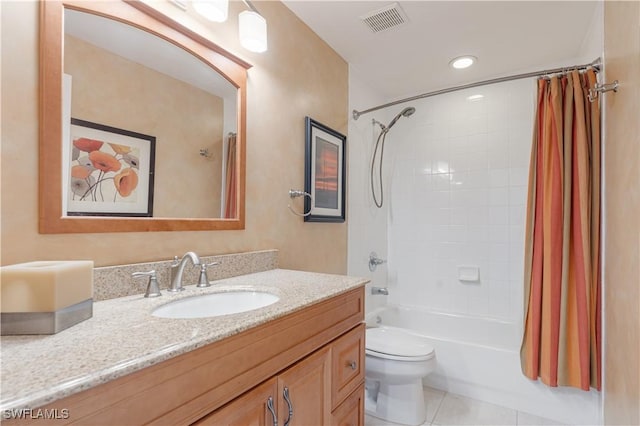 8815 Naples Heritage Dr Unit D9, Naples, FL 34112 - bathroom with vanity, tile patterned floors, toilet, shower / bathtub combination with curtain, and visible vents
