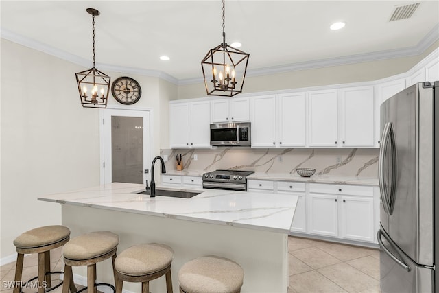kitchen featuring a sink, a chandelier, backsplash, white cabinets, and appliances with stainless steel finishes