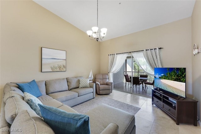 28750 Diamond Dr Unit 205, Bonita Springs, FL 34134 - living area featuring an inviting chandelier, high vaulted ceiling, and light tile patterned floors