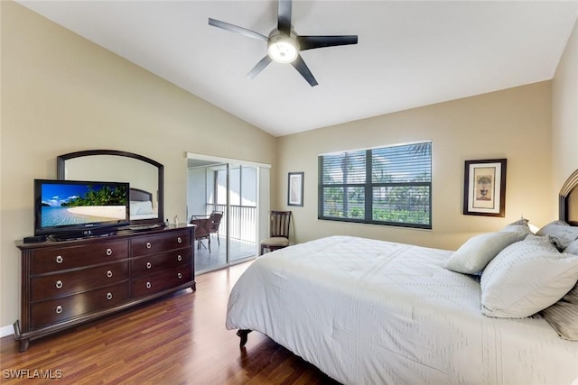 28750 Diamond Dr Unit 205, Bonita Springs, FL 34134 - bedroom featuring access to outside, ceiling fan, lofted ceiling, and wood finished floors
