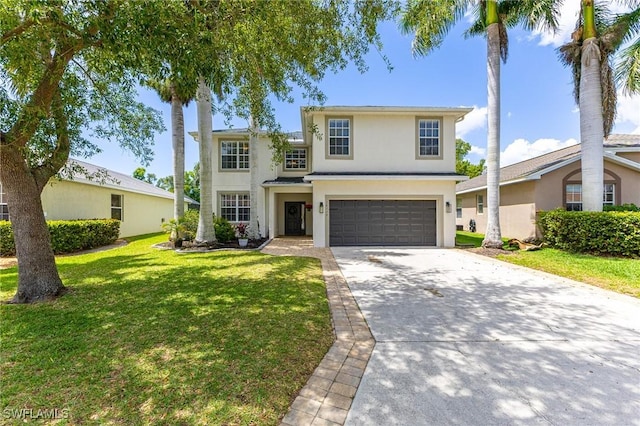 view of front of property featuring a garage, stucco siding, concrete driveway, and a front lawn
