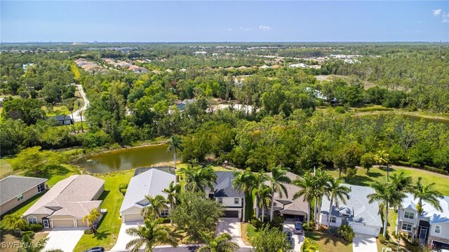 aerial perspective of suburban area with a nearby body of water and a heavily wooded area