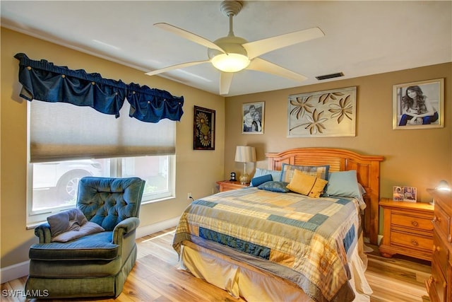 bedroom with visible vents, multiple windows, and light wood finished floors